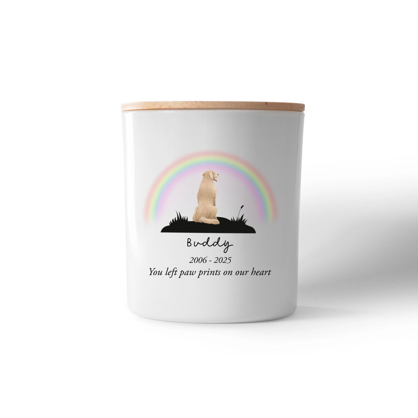 Rainbow Bridge Pet Memorial Candle – Personalised Remembrance Gift with Dog Breed, Name & Dates