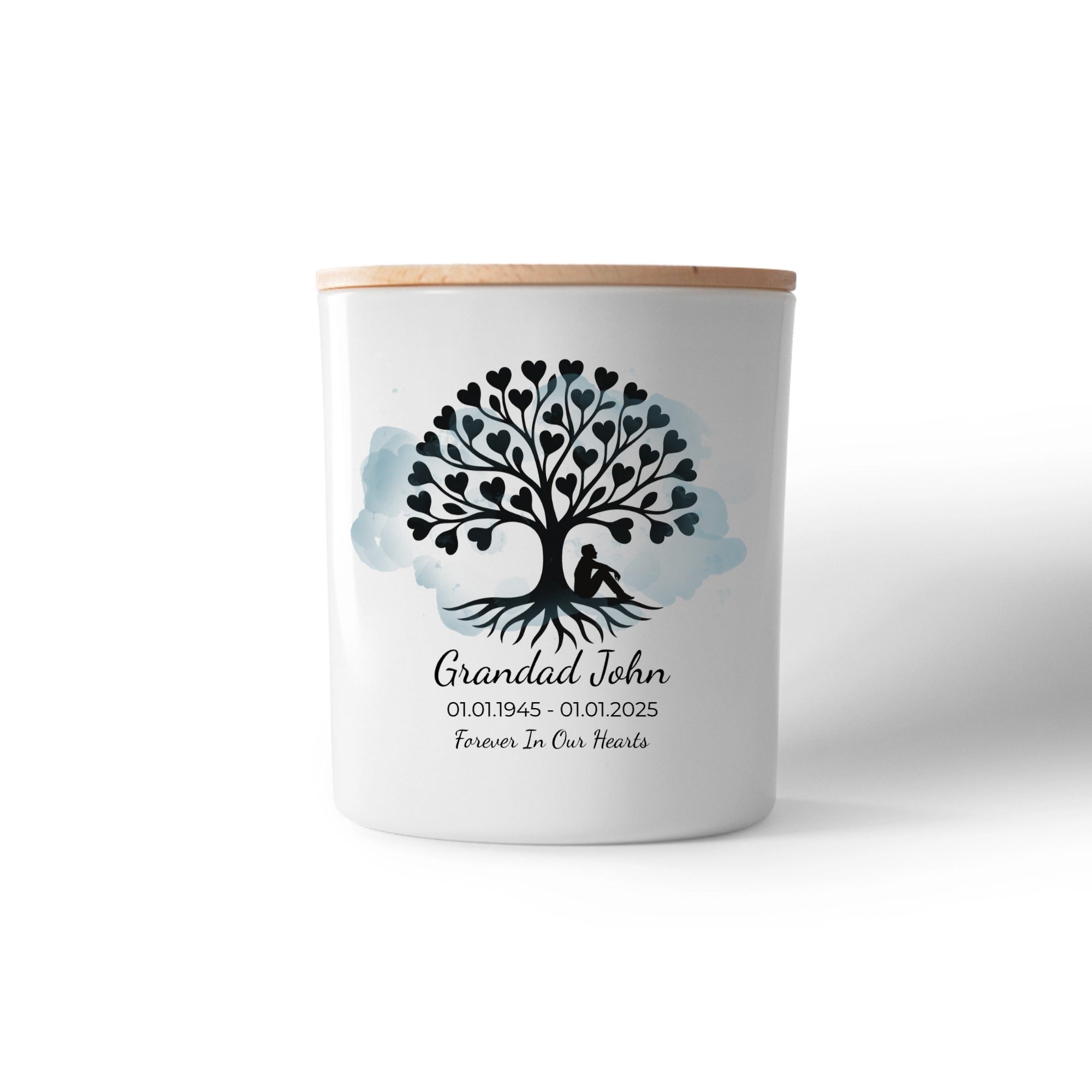 Tree of Life personalised memorial candle with custom name and dates