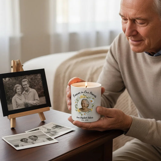 Forever In Our Hearts Wreath Memorial Candle – Personalised Photo Tribute with Name & Dates
