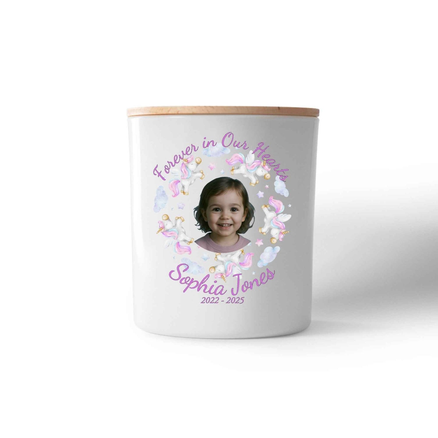 Forever In Our Hearts Child Memorial Candle – Personalised Photo Tribute with Name & Dates