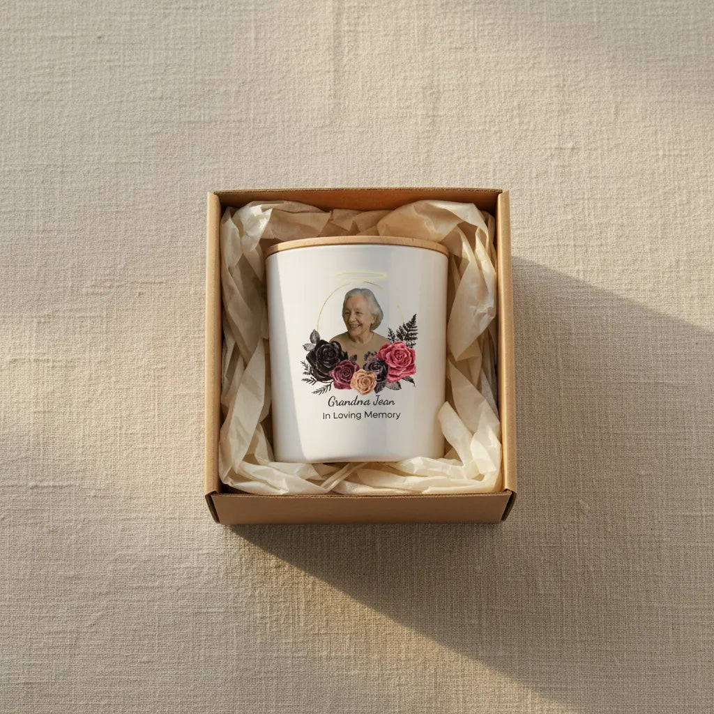 Halo Memorial Photo Candle – Personalised Tribute with Name, Dates & Message
