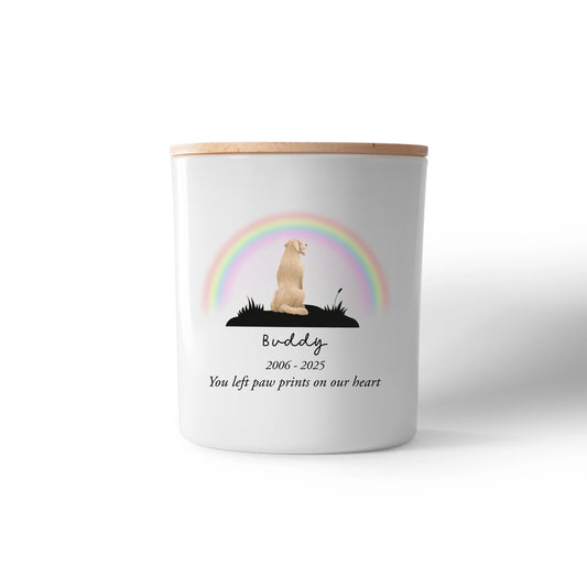 Rainbow Bridge Pet Memorial Candle – Personalised Remembrance Gift with Dog Breed, Name & Dates