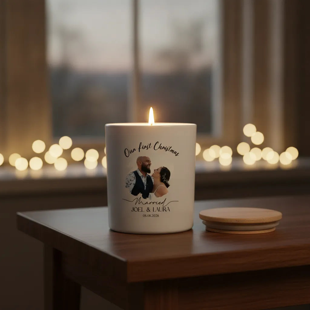 Our First Christmas Married Personalised Photo Candle