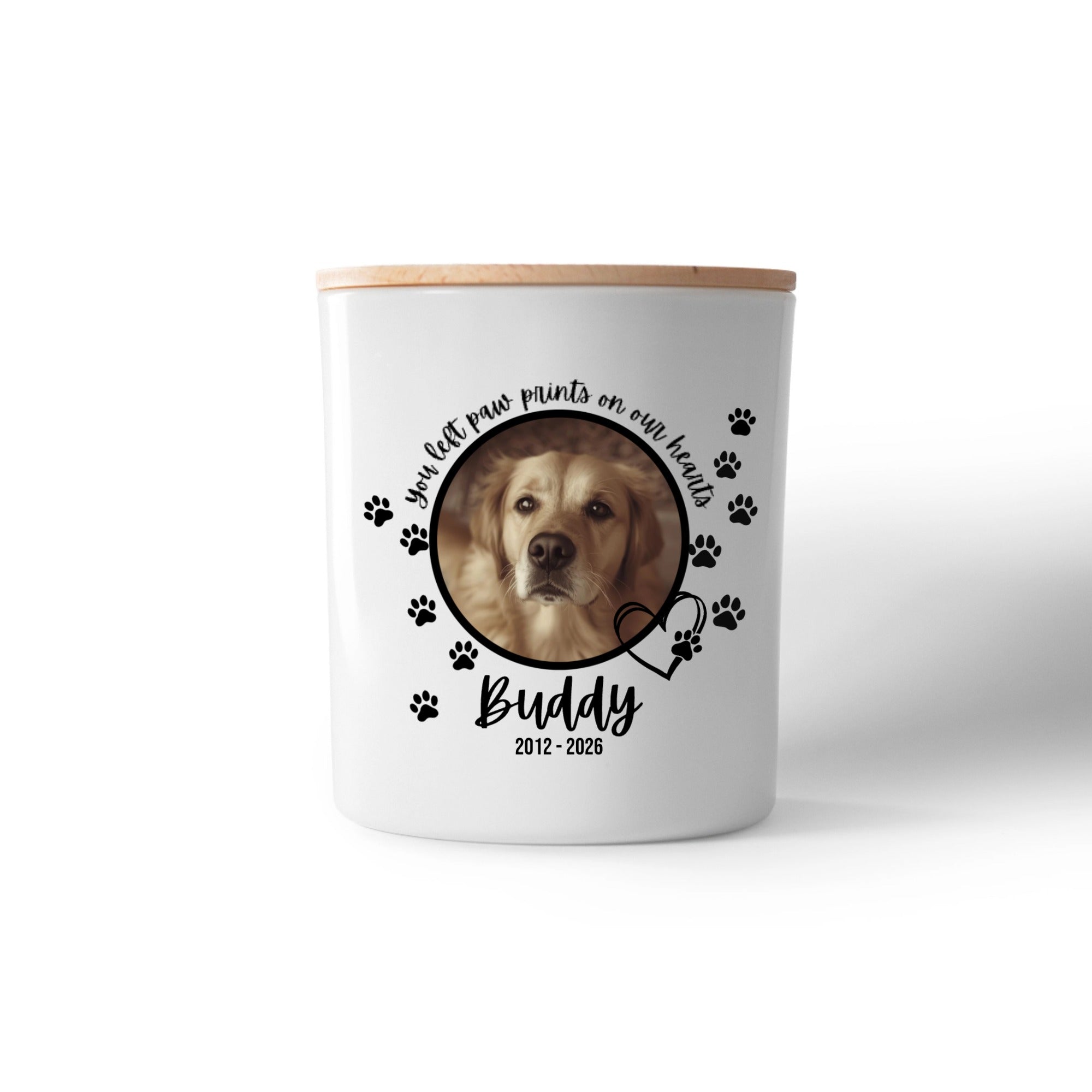 Pet Memorial Candle – 'Paw Prints on Our Hearts' Personalised Photo Tribute with Name & Dates