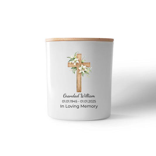 Custom remembrance candle with blue flowers and wooden cross design”