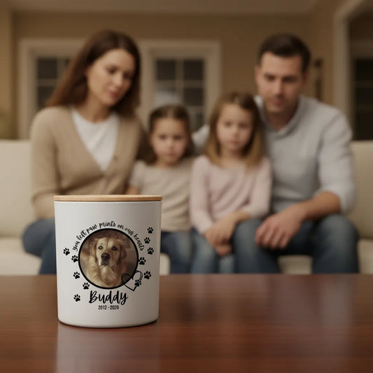 Pet Memorial Candle – 'Paw Prints on Our Hearts' Personalised Photo Tribute with Name & Dates