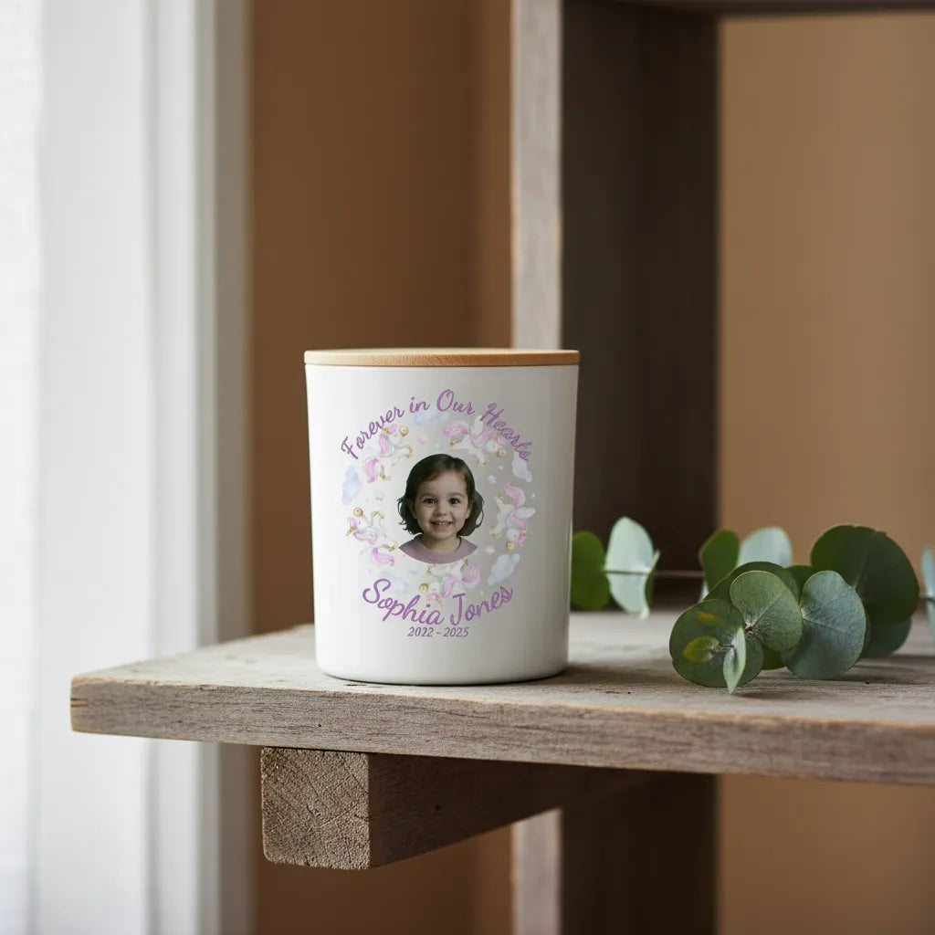 Forever In Our Hearts Child Memorial Candle – Personalised Photo Tribute with Name & Dates