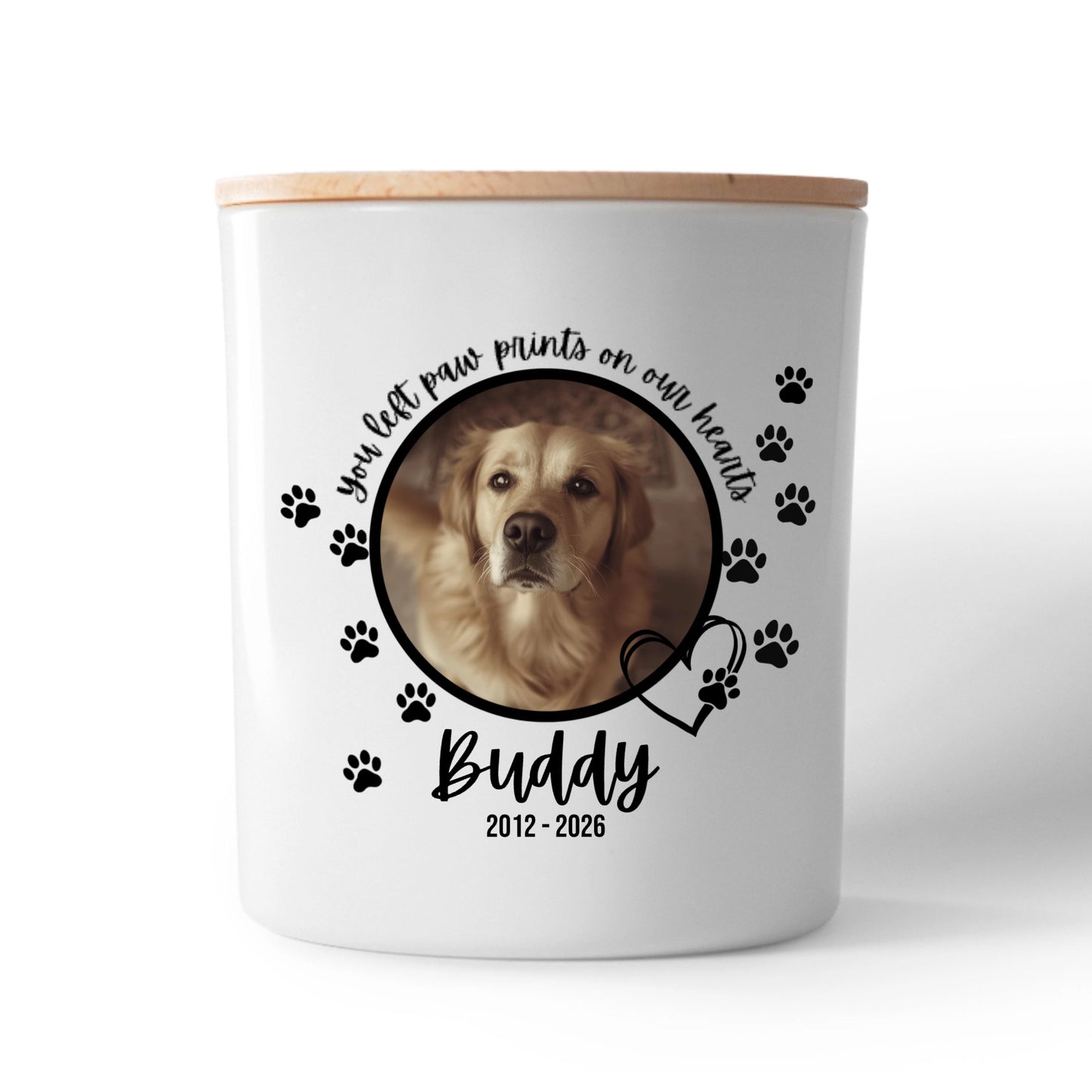 Pet Memorial Candle – 'Paw Prints on Our Hearts' Personalised Photo Tribute with Name & Dates