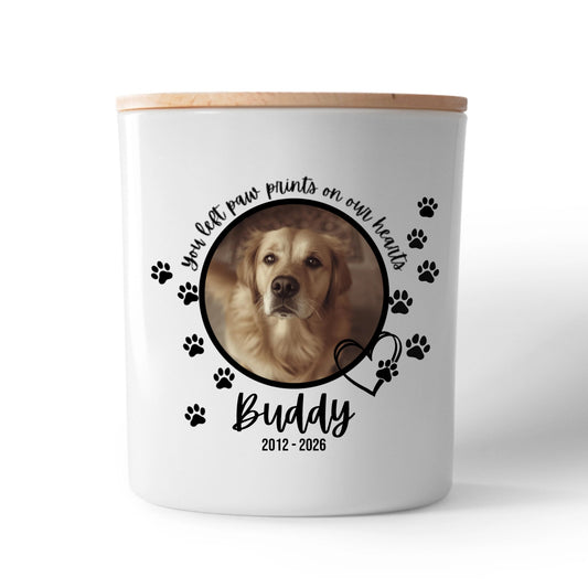 Pet Memorial Candle – 'Paw Prints on Our Hearts' Personalised Photo Tribute with Name & Dates