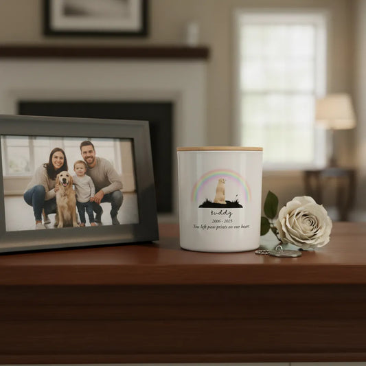 Rainbow Bridge Pet Memorial Candle – Personalised Remembrance Gift with Dog Breed, Name & Dates