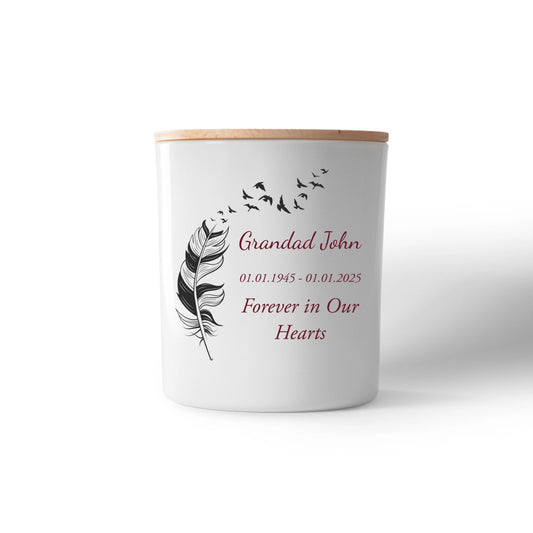 Feather & Birds Memorial Candle – Personalised Tribute with Name, Dates & Message
