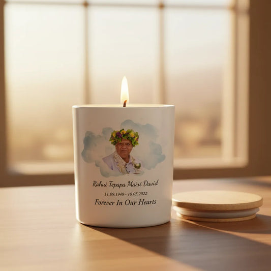 Personalised Watercolour Memorial Candle – Custom Photo & Message