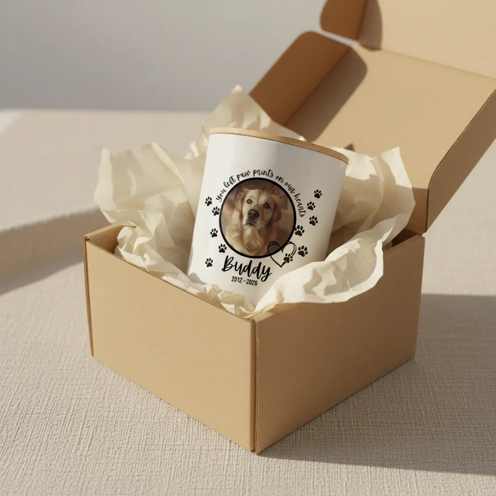 Pet Memorial Candle – 'Paw Prints on Our Hearts' Personalised Photo Tribute with Name & Dates