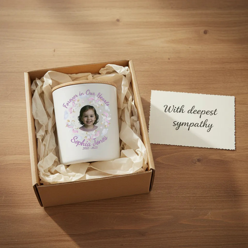 Forever In Our Hearts Child Memorial Candle – Personalised Photo Tribute with Name & Dates