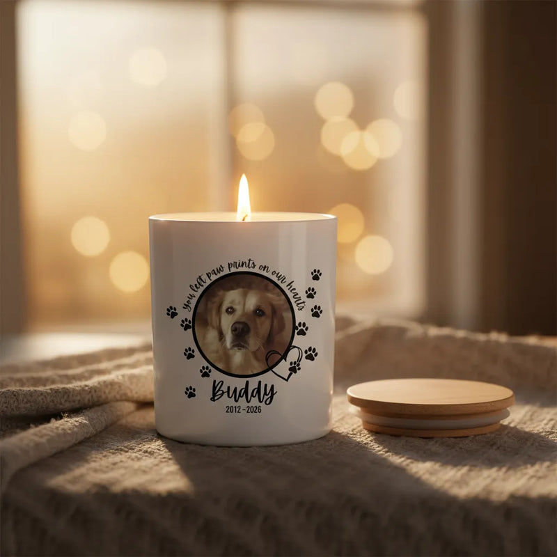 Pet Memorial Candle – 'Paw Prints on Our Hearts' Personalised Photo Tribute with Name & Dates