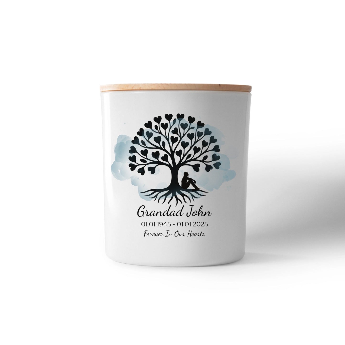 Tree of Life personalised memorial candle with custom name and dates