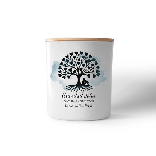 Tree of Life personalised memorial candle with custom name and dates