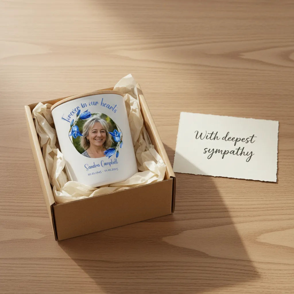 Forever In Our Hearts Bluebell Memorial Candle – Personalised Photo Tribute with Name & Dates