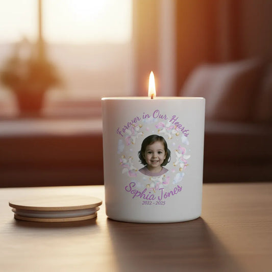 Forever In Our Hearts Child Memorial Candle – Personalised Photo Tribute with Name & Dates