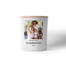 Personalised family Christmas photo candle in a white jar with timber lid, printed "Christmas at the Harrisons 2026"