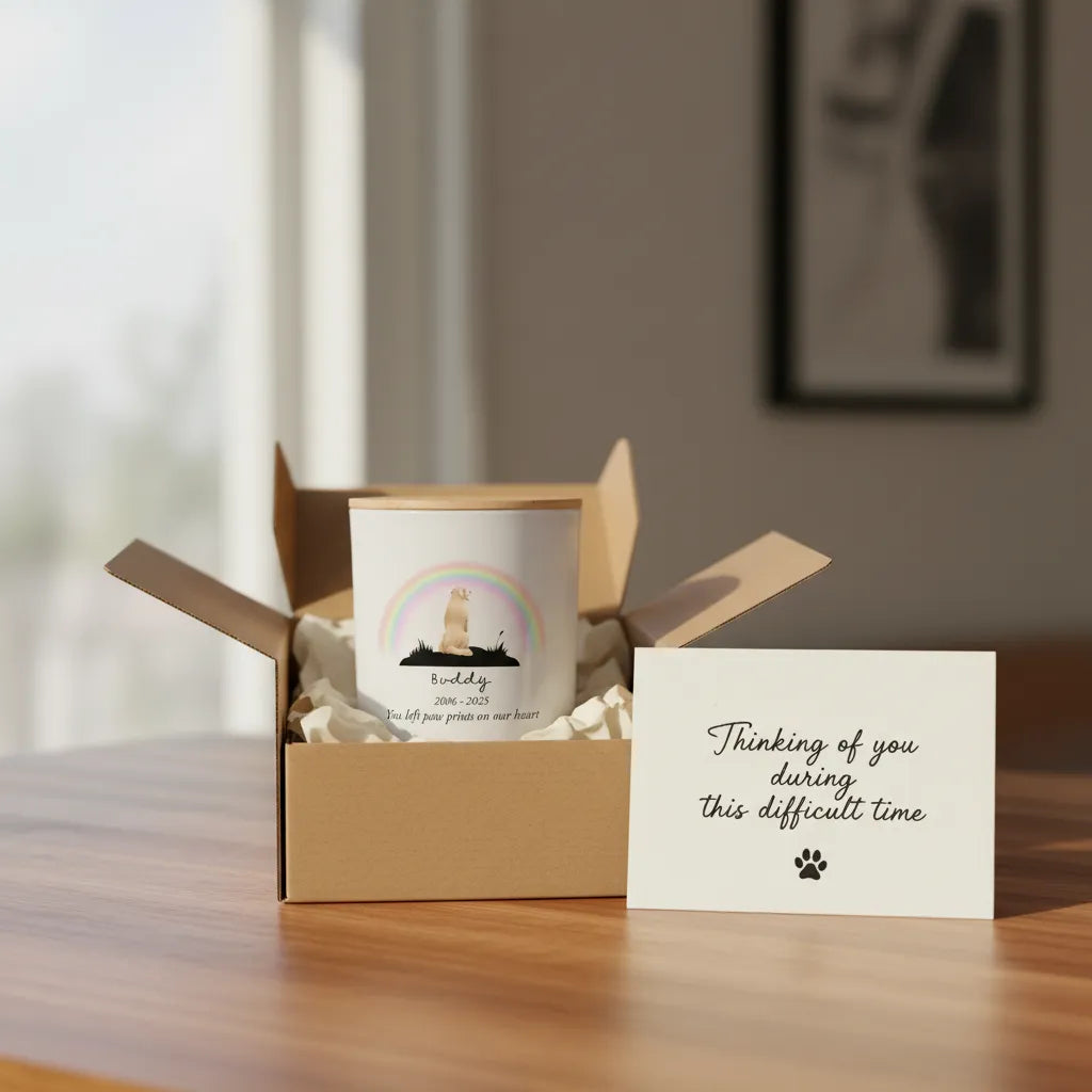 Rainbow Bridge Pet Memorial Candle – Personalised Remembrance Gift with Dog Breed, Name & Dates