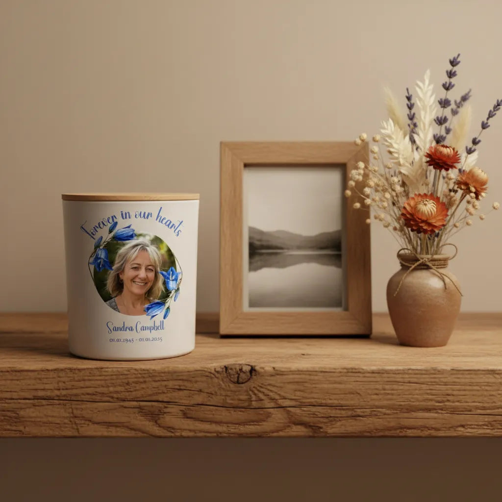 Forever In Our Hearts Bluebell Memorial Candle – Personalised Photo Tribute with Name & Dates