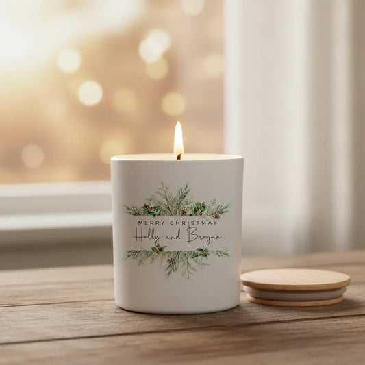 Personalised “Merry Christmas Botanical” Candle – Custom Names