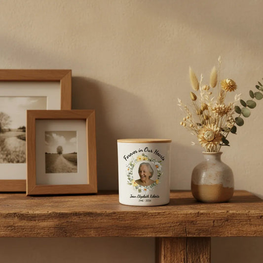 Forever In Our Hearts Wreath Memorial Candle – Personalised Photo Tribute with Name & Dates
