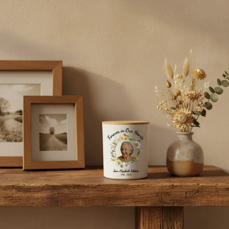 Forever In Our Hearts Wreath Memorial Candle – Personalised Photo Tribute with Name & Dates