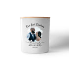Our First Christmas Married personalised photo candle in a gloss white jar with timber lid, printed with a wedding photo, names and wedding date
