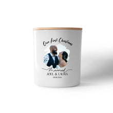 Our First Christmas Married personalised photo candle in a gloss white jar with timber lid, printed with a wedding photo, names and wedding date