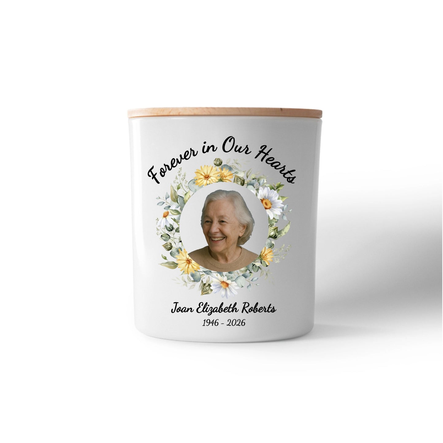 Forever In Our Hearts Wreath Memorial Candle – Personalised Photo Tribute with Name & Dates