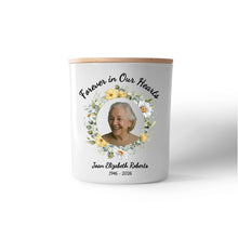 Forever In Our Hearts Wreath Memorial Candle – Personalised Photo Tribute with Name & Dates