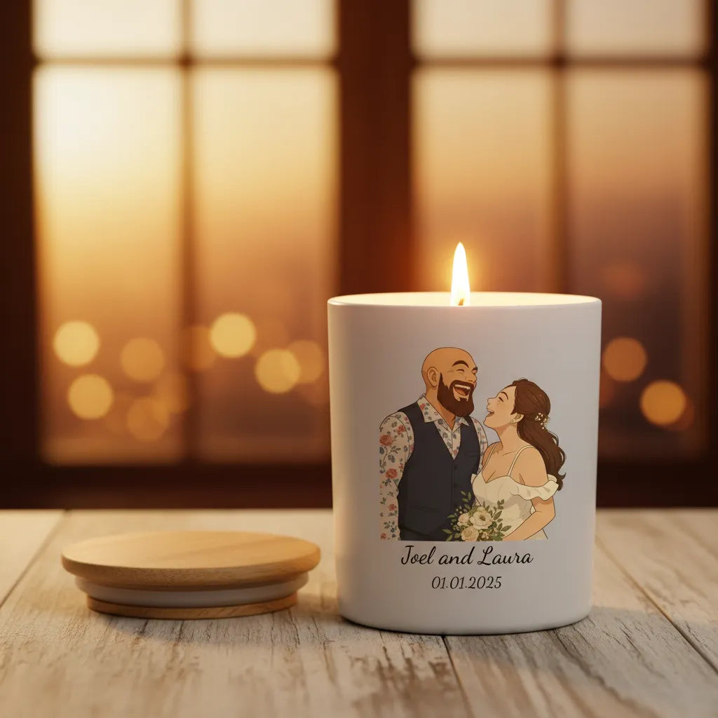AI Cartoon Style Personalised Candle – Custom Photo Illustration with Text
