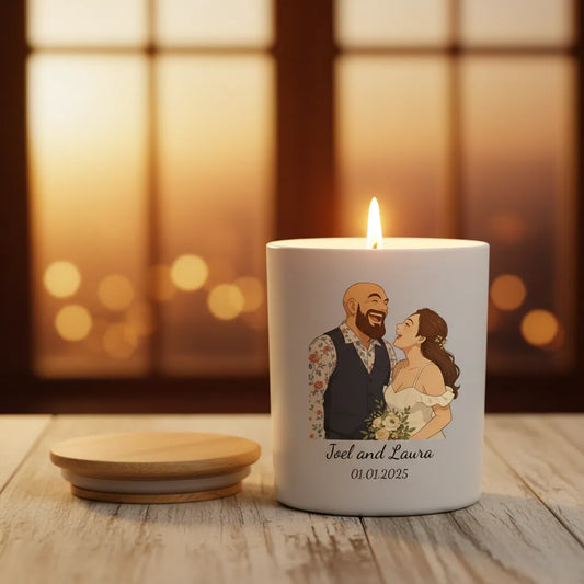 AI Cartoon Style Personalised Candle – Custom Photo Illustration with Text