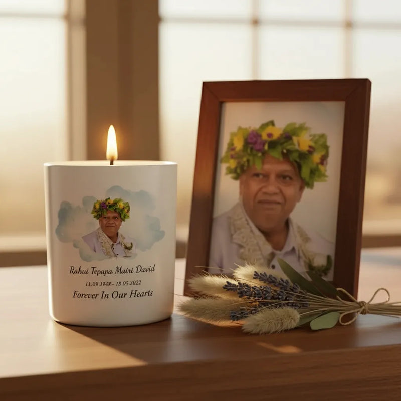 Personalised Watercolour Memorial Candle – Custom Photo & Message