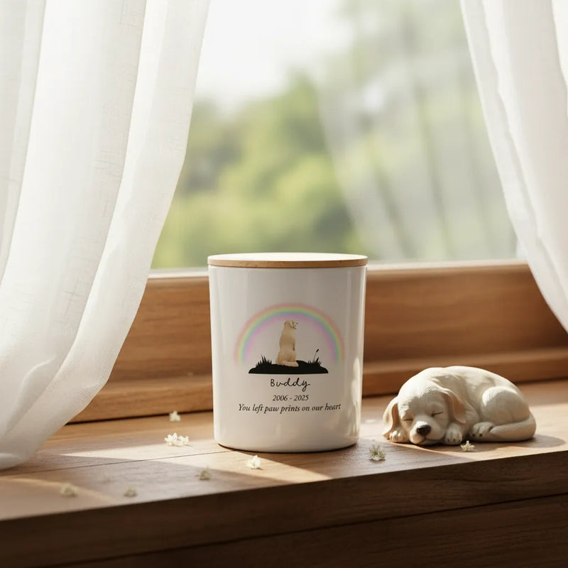 Rainbow Bridge Pet Memorial Candle – Personalised Remembrance Gift with Dog Breed, Name & Dates