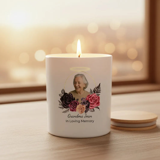 Halo Memorial Photo Candle – Personalised Tribute with Name, Dates & Message