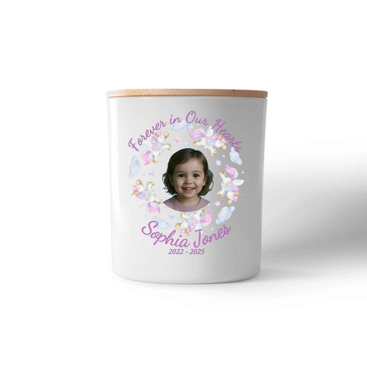 Forever In Our Hearts Child Memorial Candle – Personalised Photo Tribute with Name & Dates