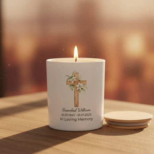 Floral Cross Memorial Candle – Personalised Remembrance & Sympathy Gift