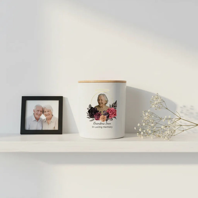 Halo Memorial Photo Candle – Personalised Tribute with Name, Dates & Message