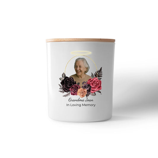Halo Memorial Photo Candle – Personalised Tribute with Name, Dates & Message