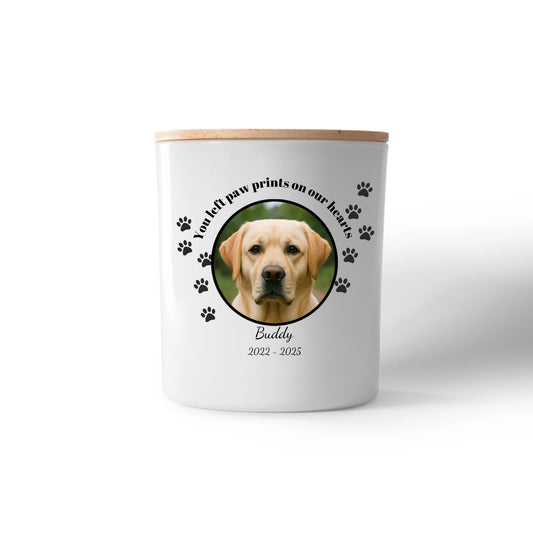 Paw Prints on Our Hearts Pet Memorial Candle – Personalised Photo Tribute with Name & Dates