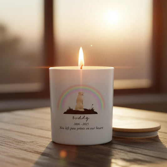 Rainbow Bridge Pet Memorial Candle – Personalised Remembrance Gift with Dog Breed, Name & Dates