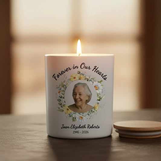 Forever In Our Hearts Wreath Memorial Candle – Personalised Photo Tribute with Name & Dates
