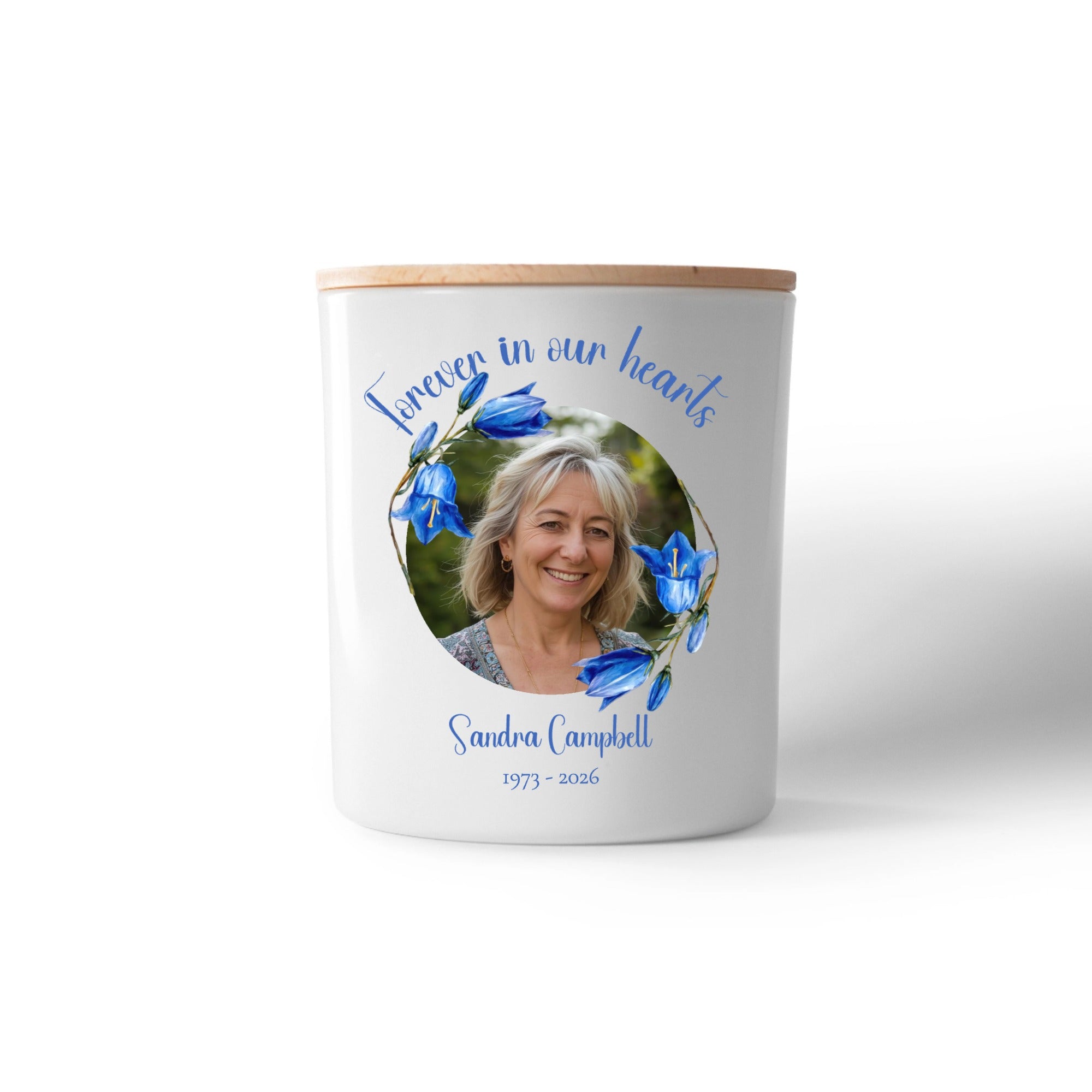 Forever In Our Hearts Bluebell Memorial Candle – Personalised Photo Tribute with Name & Dates
