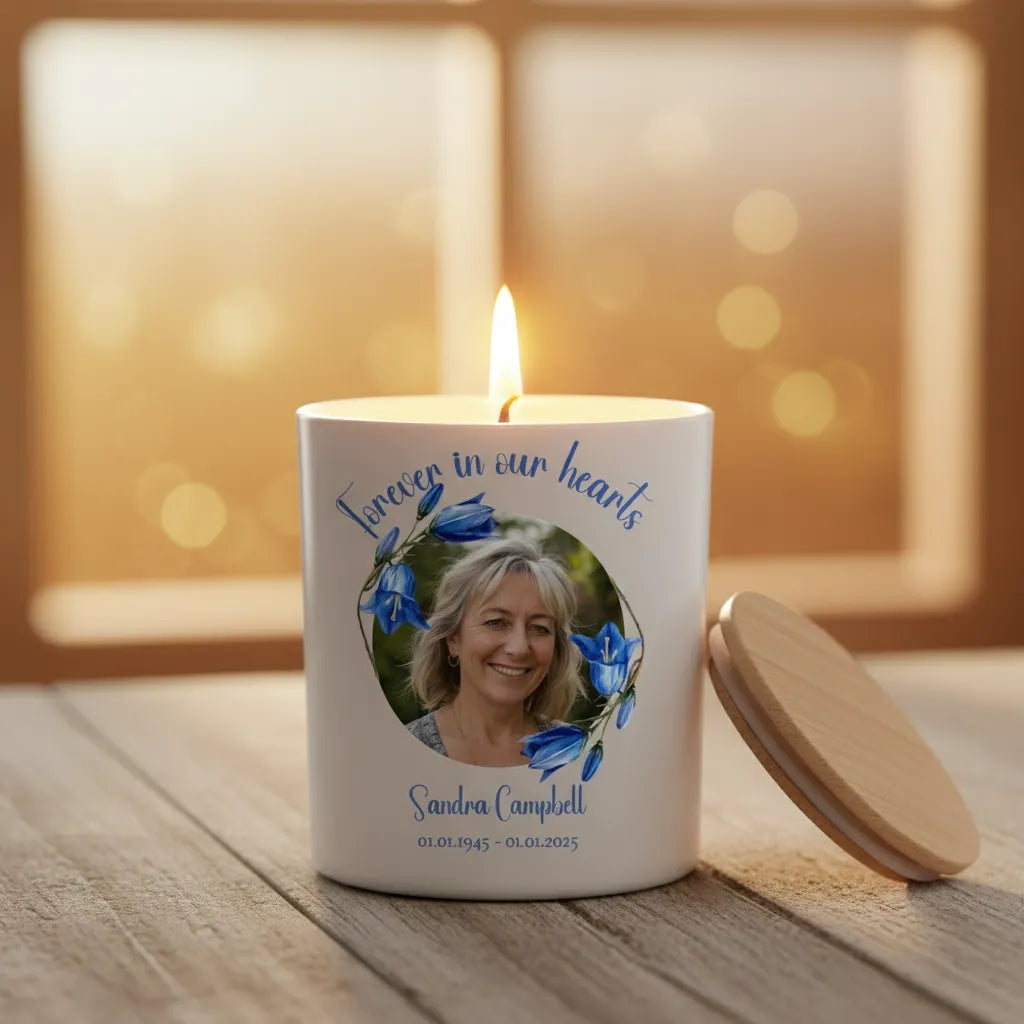 Forever In Our Hearts Bluebell Memorial Candle – Personalised Photo Tribute with Name & Dates